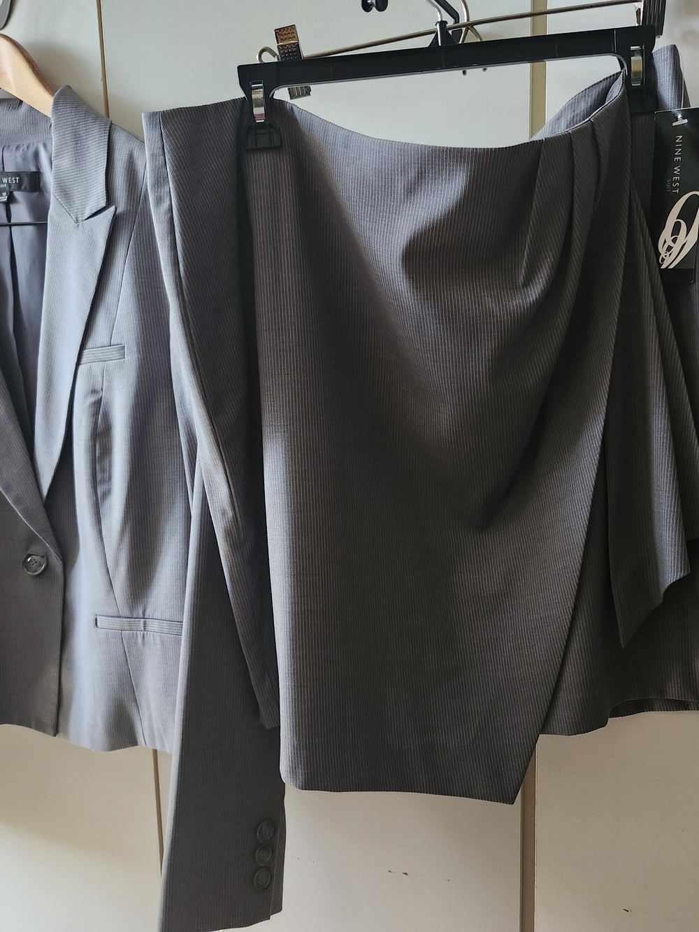 Nine West Women's Gray Pinstripe Blazer Skirt Set